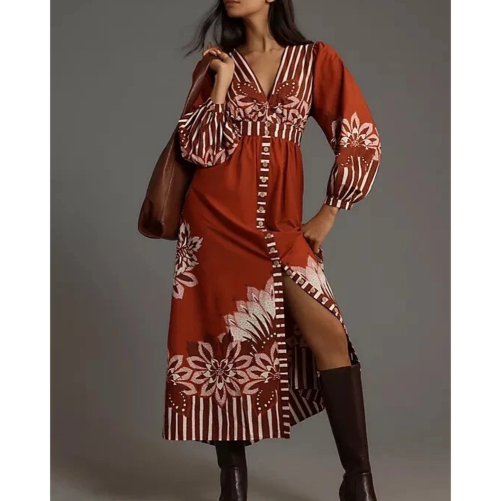 Anthropologie Rust Red Floral Long Sleeve Midi Dress
